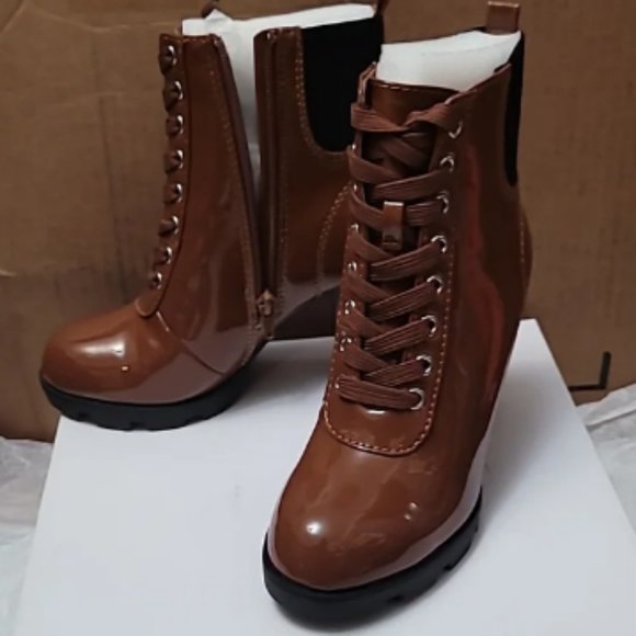 Cognac Patent Leather Zip Lace Up Platform Booties High chunky heel Size 6.5 New - Picture 5 of 7